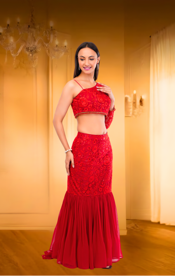 Red Fish Cut Lehenga - Image 2
