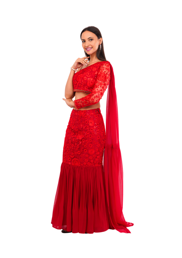 Red Fish Cut Lehenga - Image 4