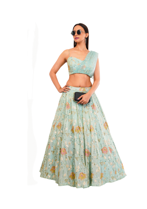 Mint Green Embroidery Work Lehenga Set - Image 4