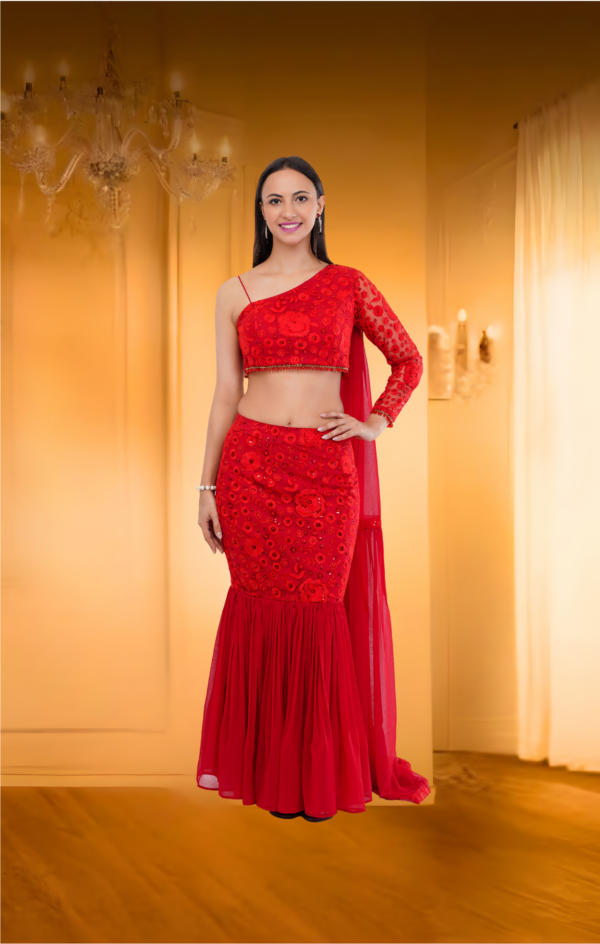 Red Fish Cut Lehenga