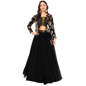 Stylish Crop Top with Flared Skirt and Jacket