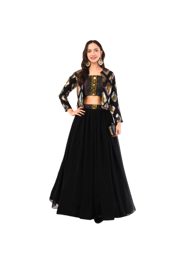 Stylish Crop Top with Flared Skirt and Jacket